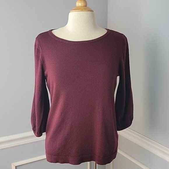 TALBOTS Burgundy Pure Merino Wool Three Quarter Slit Sleeve Boatneck Sweater L - Picture 1 of 9